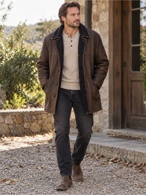 Werner Christ Luxury Sheepskin Shearling Car Coat Brown Leather Jacket L(40/44)